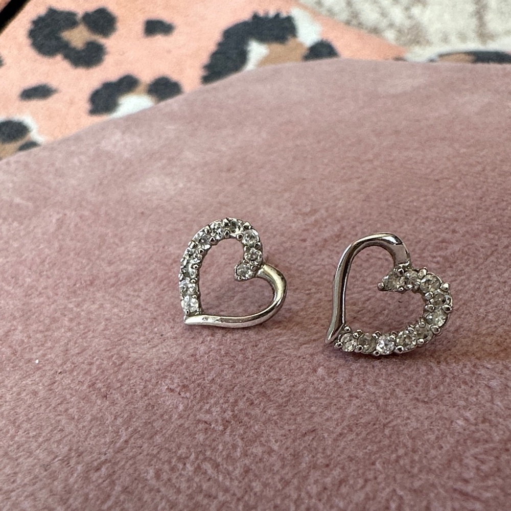 Sterling Silver 925 Open Heart Diamond Stud Earrings Dainty Pave Hearts